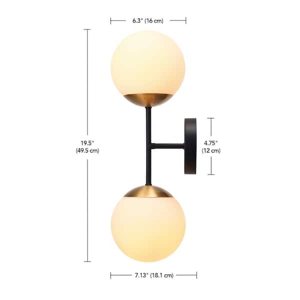 Celestia 2-Light Matte Black Wall Sconce with Antique Brass Socket and Matte Opal Glass Shades