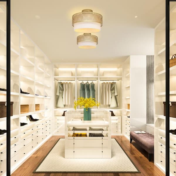 Sloane 13.125 in. Dual-Light Gold-Tone Semi-Flush Mount with White Fabric Drum Shade