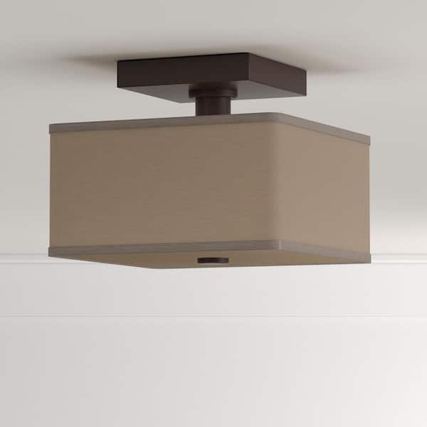 Glenburn 12 in. 2-Light Oil-Rubbed Bronze Semi-Flush Mount with Cube Golden Fabric Shade