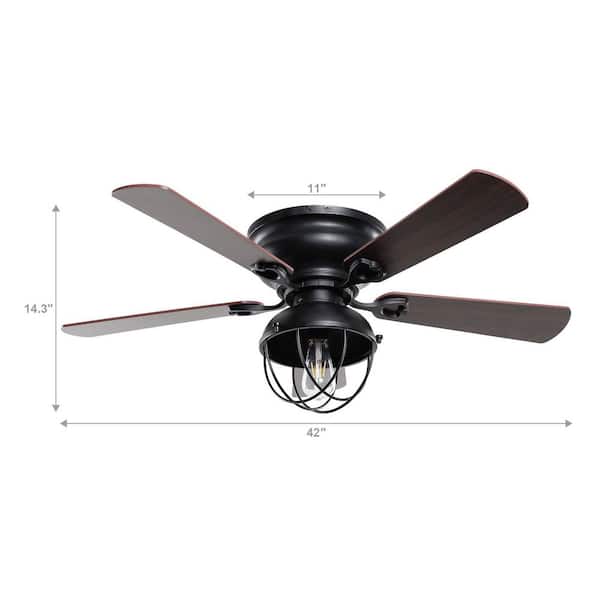 42 in. Industrial Flush Mount Black Ceiling Fan with Light Kit and Remote Control