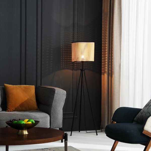 Mid Century Bohemian 55 in. Beige Tan Tripod Floor Lamp, PVC Rattan Shade and Velvet Rim