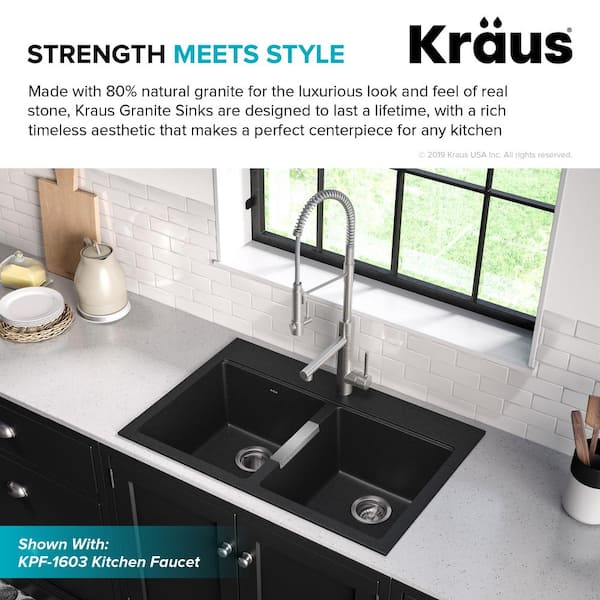 Quarza Black Onyx 33 Inch Drop-in / Undermount 50/50 Double Bowl Granite Kitchen Sink