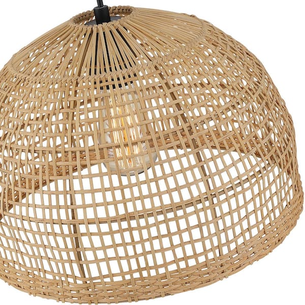 Bungalo 13.8 in. 1-Light Black/Wheat Bohemian Island Pendant with Natural Rattan Shade