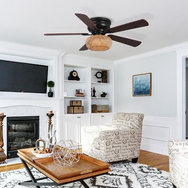 48 in. Farmhouse Bamboo Flush Mount Matte Black Ceiling Fan with Remote Control and Light Kit