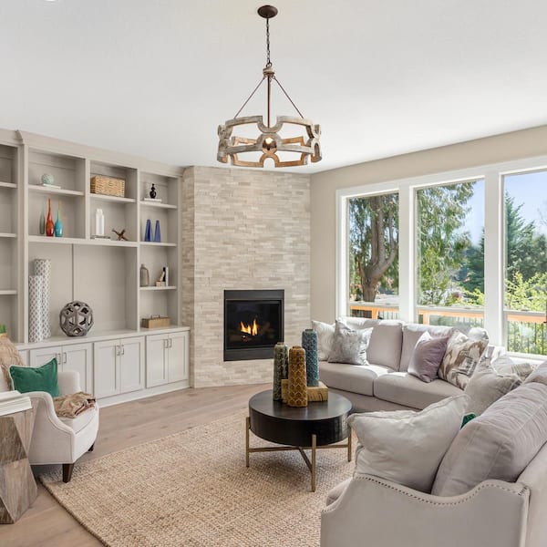 Drum Wood Chandelier, Large Brown Round Island Pendant Light Farmhouse Chandelier Rustic Dining Room Chandelier