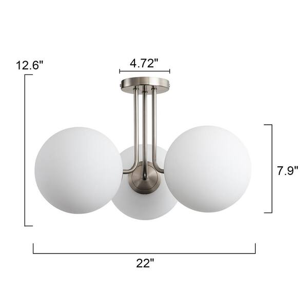 Lueck 22 in. 3-Light Modern Sputnik Nickel Semi Flush Mount with Globe White Glass