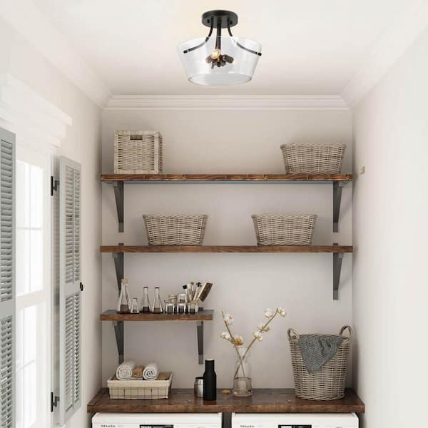 Modern Black Farmhouse 13 in. 3-Light Semi-Flush Mount Center-Bowl Ceiling Light with Seeded Glass Shade