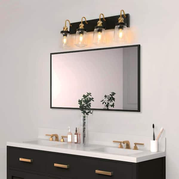 Modern Farmhouse Bathroom Wall Sconce, 4-Light Black and Brass Transitional Bell Vanity Light with Clear Glass Shades