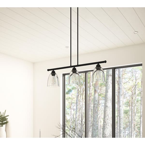 30 in. 3-Light Black Kitchen Island Linear Pendant Light Metal Farmhouse Chandeliers with Glass Shade
