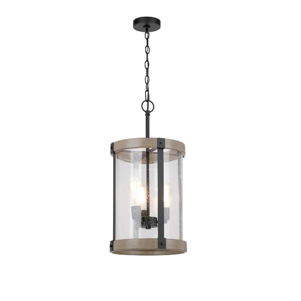 Richland 12-3/8 in. W 3-Light Grey Wood Finish Standard Cylinder Foyer Pendant with Clear Seedy Glass