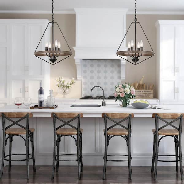 Modern Black Caged Chandelier 4-Light Brown Candlestick Rustic Foyer Chandelier Lamp with Faux Wood Accents