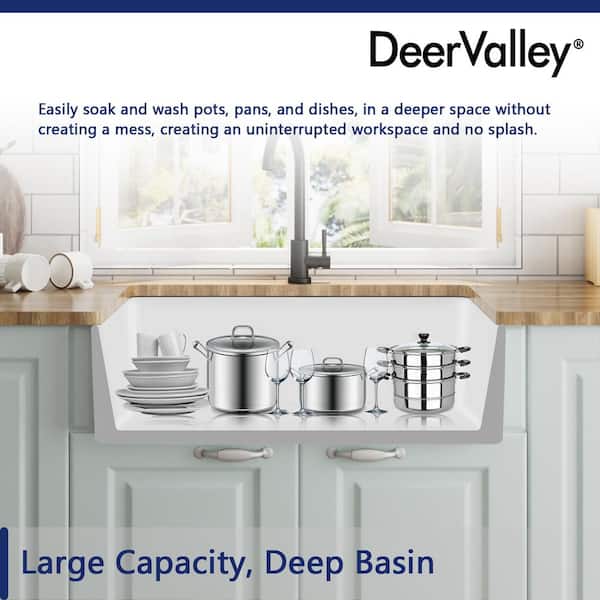 DeerValley Feast White Ceramic 33 in. L Rectangular Single Bowl Farmhouse Apron Kitchen Sink with Grid and Strainer