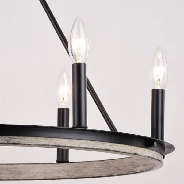 Russel 6-Light Matte Black and Weathered Gray Farmhouse Candle Wheel Chandelier