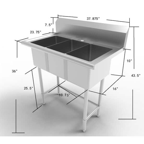 All-in-One 38 in. Stainless Steel 3 Compartment Commercial Utility Kitchen Sink with Faucet
