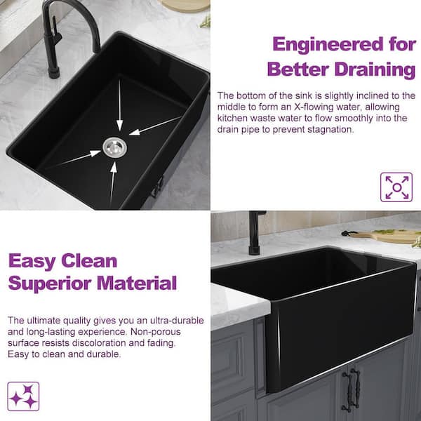 Fireclay 30 in. L x 18 in. W Black Single Bowl Farmhouse Apron Kitchen Sink with Grid and Strainer