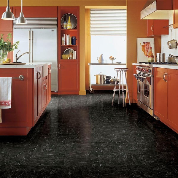 Black Marble 3 MIL x 12 in. W x 13 in. L Peel and Stick Water Resistant Vinyl Tile Flooring (30 sqft/case)