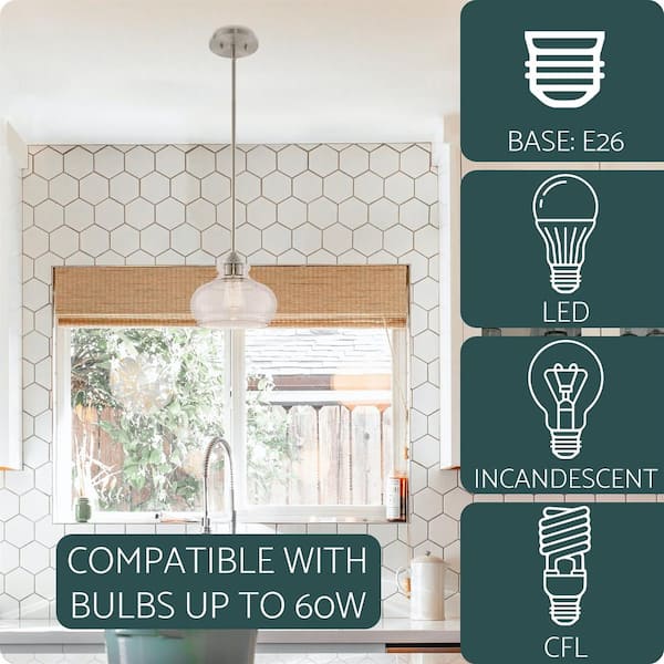 Harlow 9 in. 60-Watt 1-Light Brushed Nickel Modern Schoolhouse Pendant Light with Clear Glass Shade