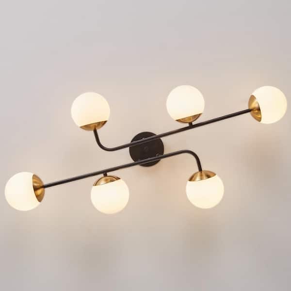 35.4 in. 6-Light Black Modern Sputnik Semi-Flush Mount Ceiling Light Fixture with Glass Shades