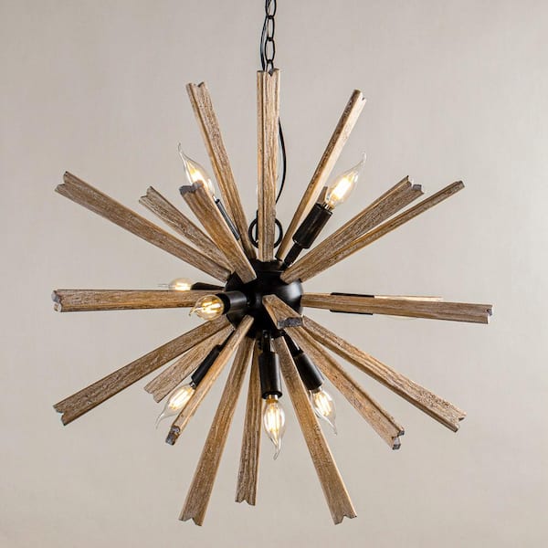Rustic 9-Light Antique Black Candlestick Hanging Sputnik Chandelier with Natural Wood Bursts