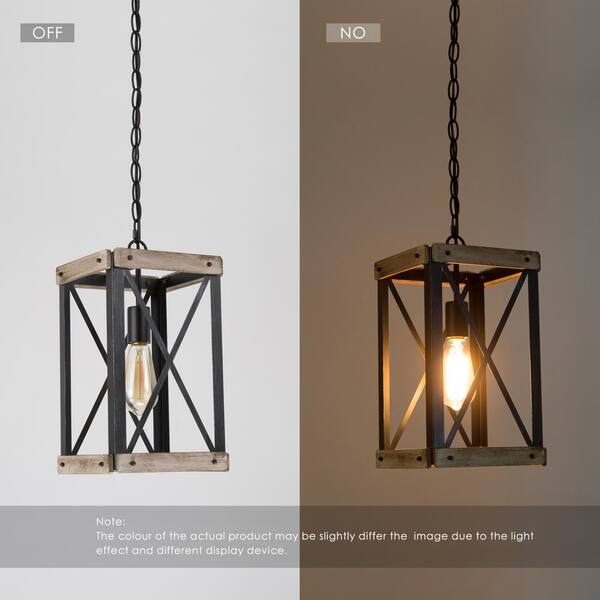 Black Rustic Wood Cage Pendant Light 1-Light Farmhouse Lantern Kitchen Island Pendant Lighting