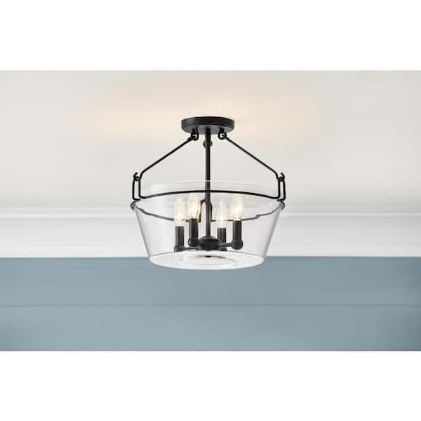 Crestlane 16.5 in. 4-Light Black Semi-Flush Mount Ceiling Light Fixture with Clear Glass