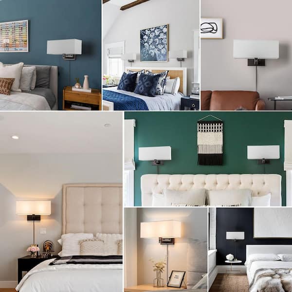 2-Light Oil-Rubbed Bronze Finish Hardwired and Plug in Wall Sconce with Linen Shade