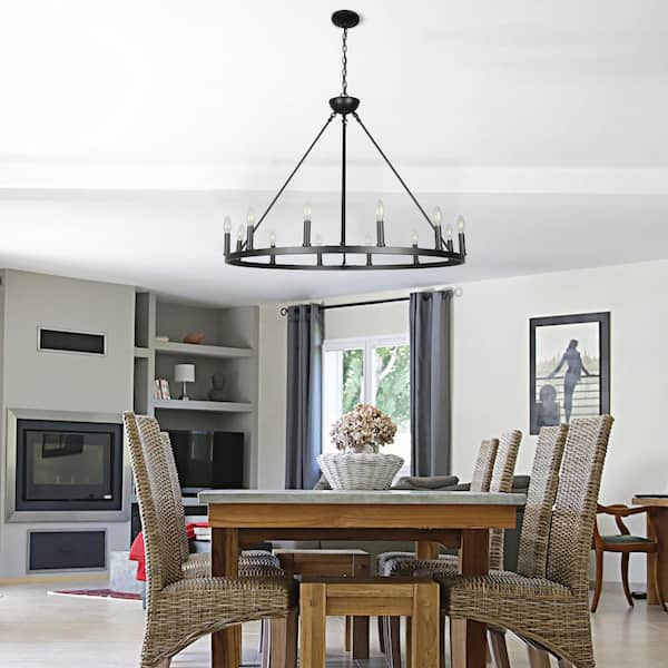 12-Light Matte Black Chandelier Wagon Wheel Steel Frame