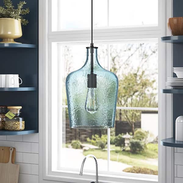 9 in. 1-Light Black Island Pendant Light Industrial Hanging Light with Blue Glass Shade