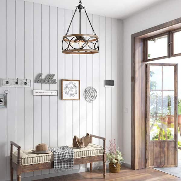 Brown Drum Chandelier, 4-Light Black Cage Farmhouse Chandelier Dining Room Pendant Light with Wood Accents