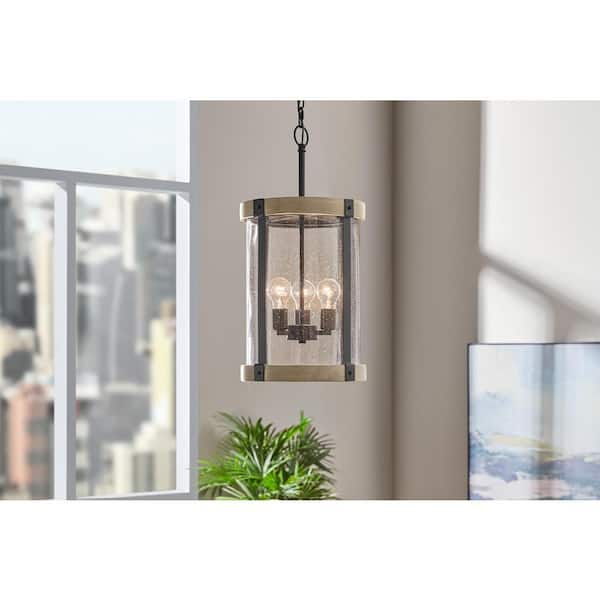 Richland 12-3/8 in. W 3-Light Grey Wood Finish Standard Cylinder Foyer Pendant with Clear Seedy Glass