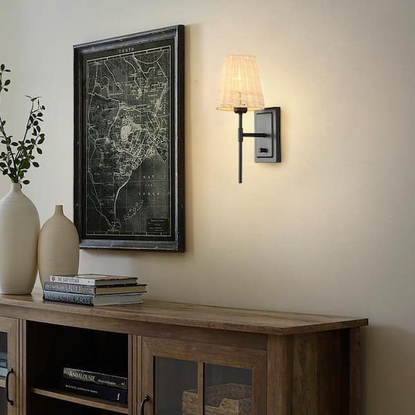 14.7 in. 2-Light Black Wall Sconce Rattan Wrapped Wall Lamp