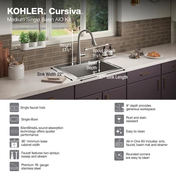 Cursiva Stainless Steel 27 in. Single Bowl Top-Mount/Undermount Kitchen Sink with Faucet