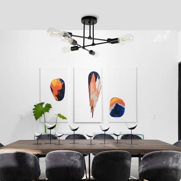 6-Light Black Sputnik Modern Linear Semi Flush Mount