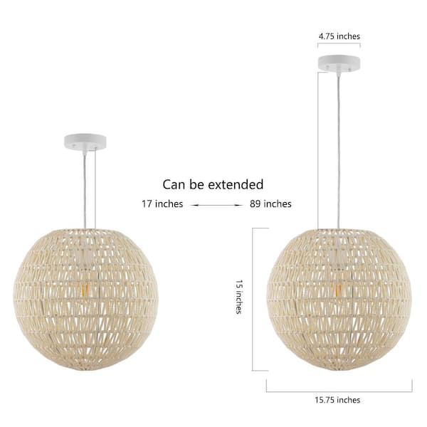 Luna 15.75 in. 1-Light Cream Bohemian Modern Woven Rattan/Iron LED Pendant, White