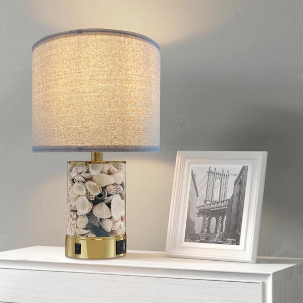 19 in. Gold Table Lamp with Seashell and Night Lights