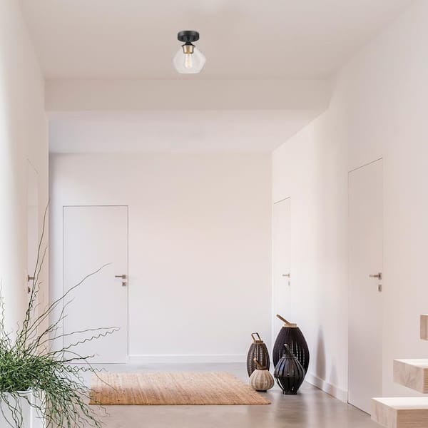 Harrow 1-Light Matte Black Semi-Flush Mount Ceiling Light with Gold Accent Socket and Clear Glass Shade