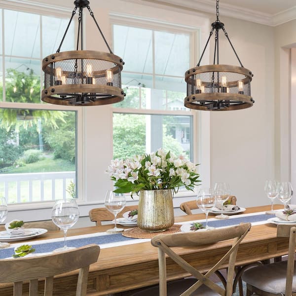 Wood Drum Chandelier 5-Light Brown Candle Black Rustic Farmhouse Chandelier Pendant Dining Room Industrial Chandelier
