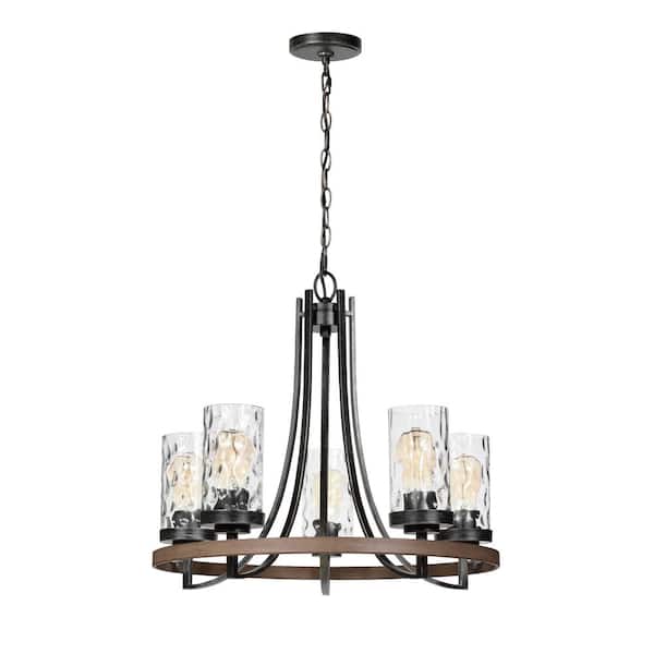 Gaston 5-Light Weathered Gray Rustic Farmhouse Wagon Wheel Chandelier with Distressed Oak Accents and Water Glass Shades