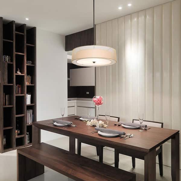 3-Light Brushed Nickel Double Drum Pendant with Outer Organza Shade