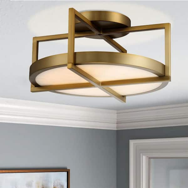 Boada 14 in. 1-Light Soft Brass LED Semi-Flush Mount with White Faux Alabaster Diffuser