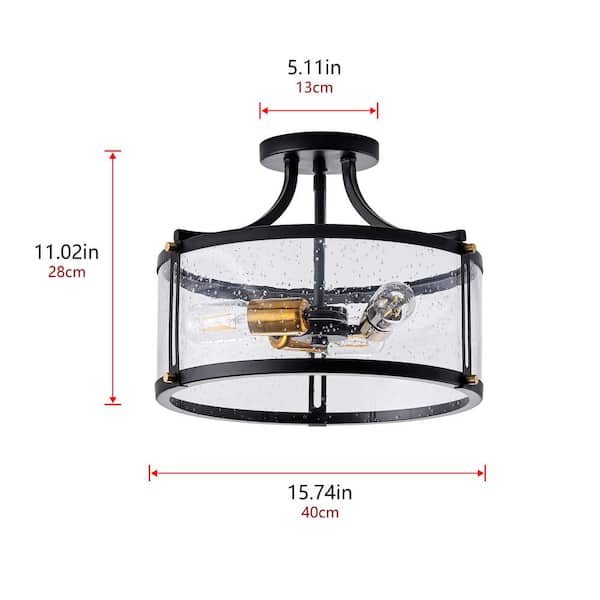 15.7in. 3-Light Industrial Black Semi-Flush Mount Ceiling Light with Seeded Glass Shade