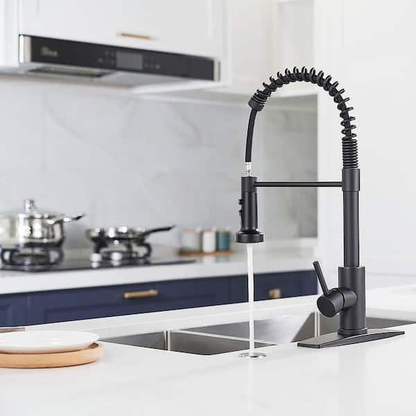 Single Handle Kitchen Faucet with Pull Down Function Sprayer Kitchen Sink Faucet with Deck Plate in Matte Black