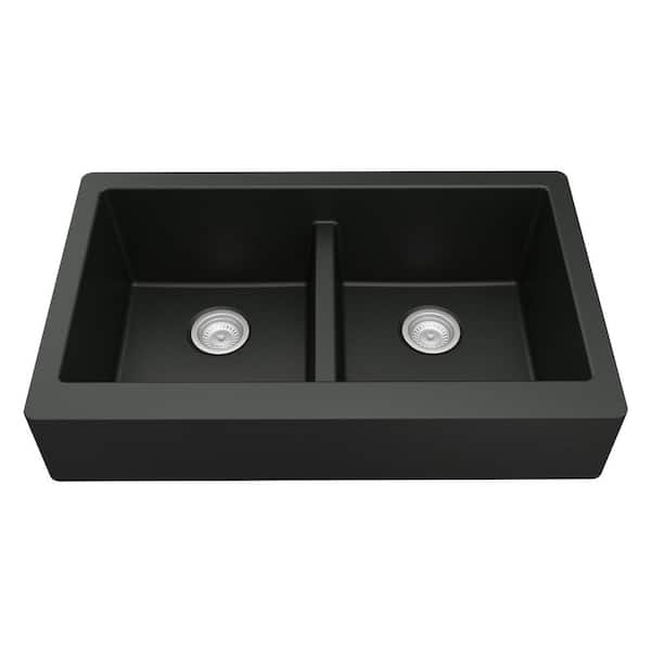 Retrofit Farmhouse Apron Front Quartz Composite 34 in. Double Bowl Kitchen Sink in Black