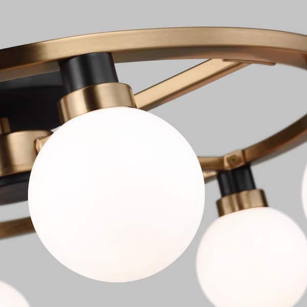 Ian 24 in. 6-Light Satin Brass and Black Contemporary Dimmable Semi-Flush Mount Ceiling Light with Opal Glass Shades