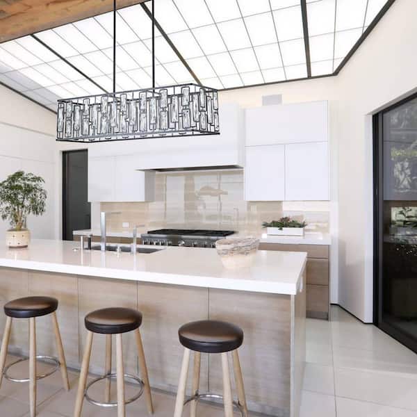 5-Light Black Rectangular Island Chandelier with Faceted Crystals