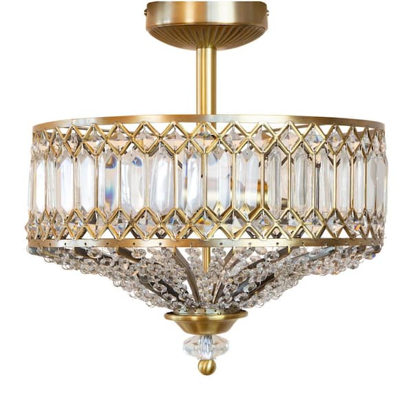 14.75 in. 2-Light Gold Semi-Flush Mount-Light with Tiered Jeweled Glass