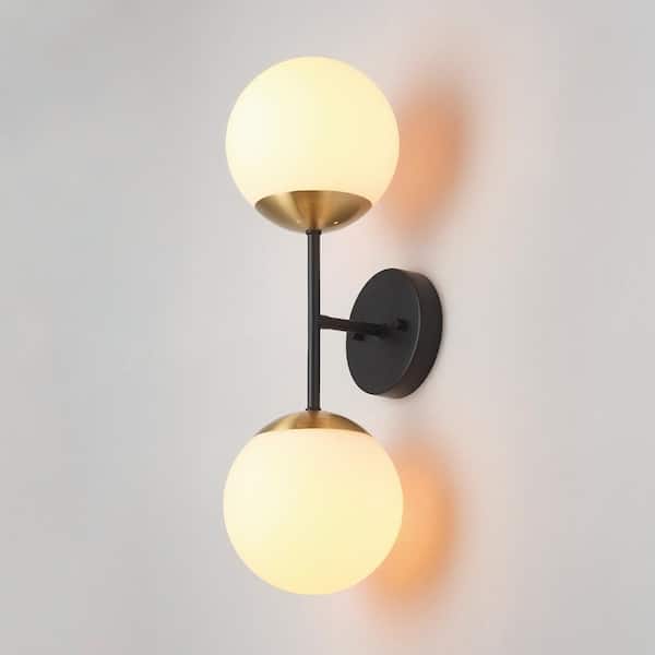 Celestia 2-Light Matte Black Wall Sconce with Antique Brass Socket and Matte Opal Glass Shades