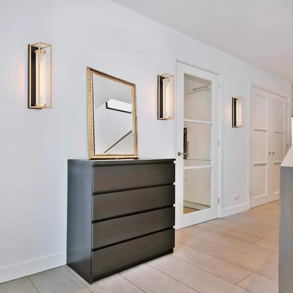 1-Light Dark Gold Modern Wall Sconce, Frosted Glass Black Wall Light, Farmhouse Tube-Shaped Bathroom Vanity Light