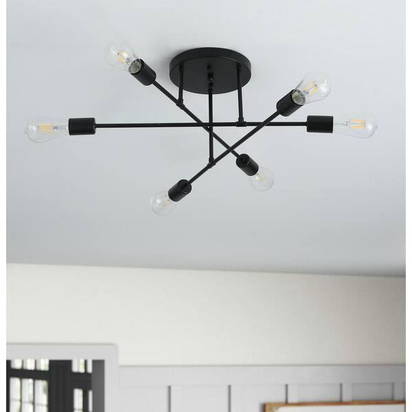 21.6 in. 6-Light Black Sputnik Modern Linear Semi Flush Mount