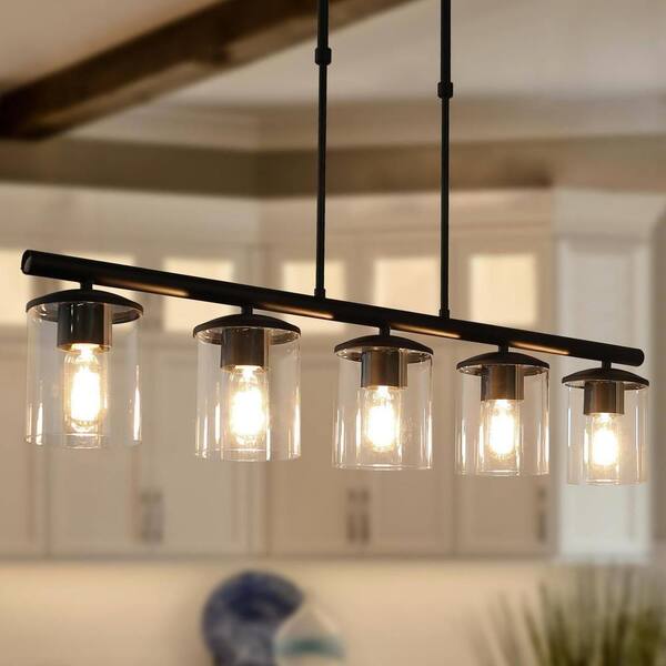 Modern 5-Light 37 in. Matte Black Linear Island Chandelier with Clear Glass Shades, Kitchen Hanging Pendant Light